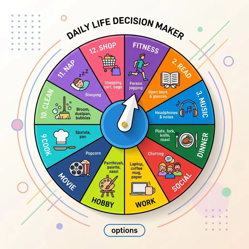 Overhead photograph of a physical tablet running a digital decision maker wheel with multi-colored options and a pointer breaking a tie between daily options