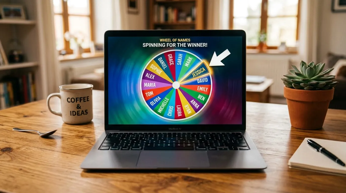 Colorful digital wheel of names spinning on an interactive touchscreen monitor in a modern classroom